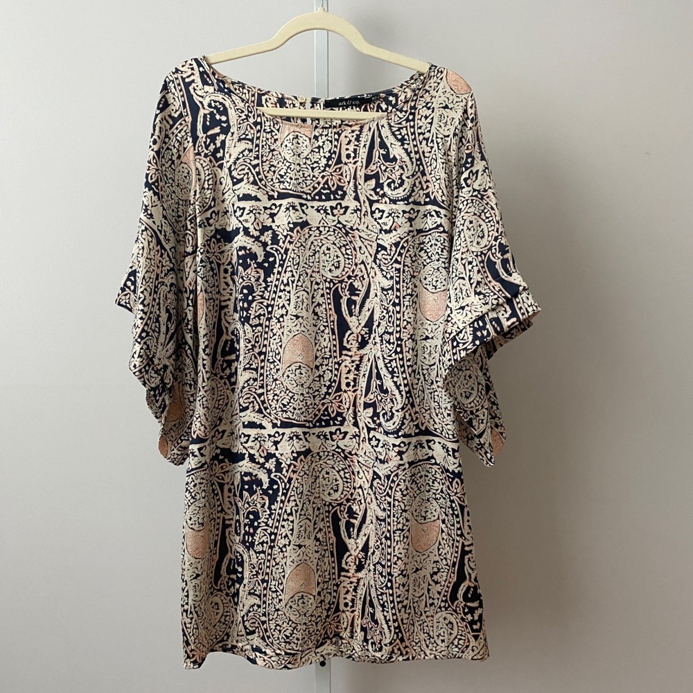 Ark & Co Boho Relaxed Shabby Coastal Lagenlook Paisley Mini Dress M Navy Pink
